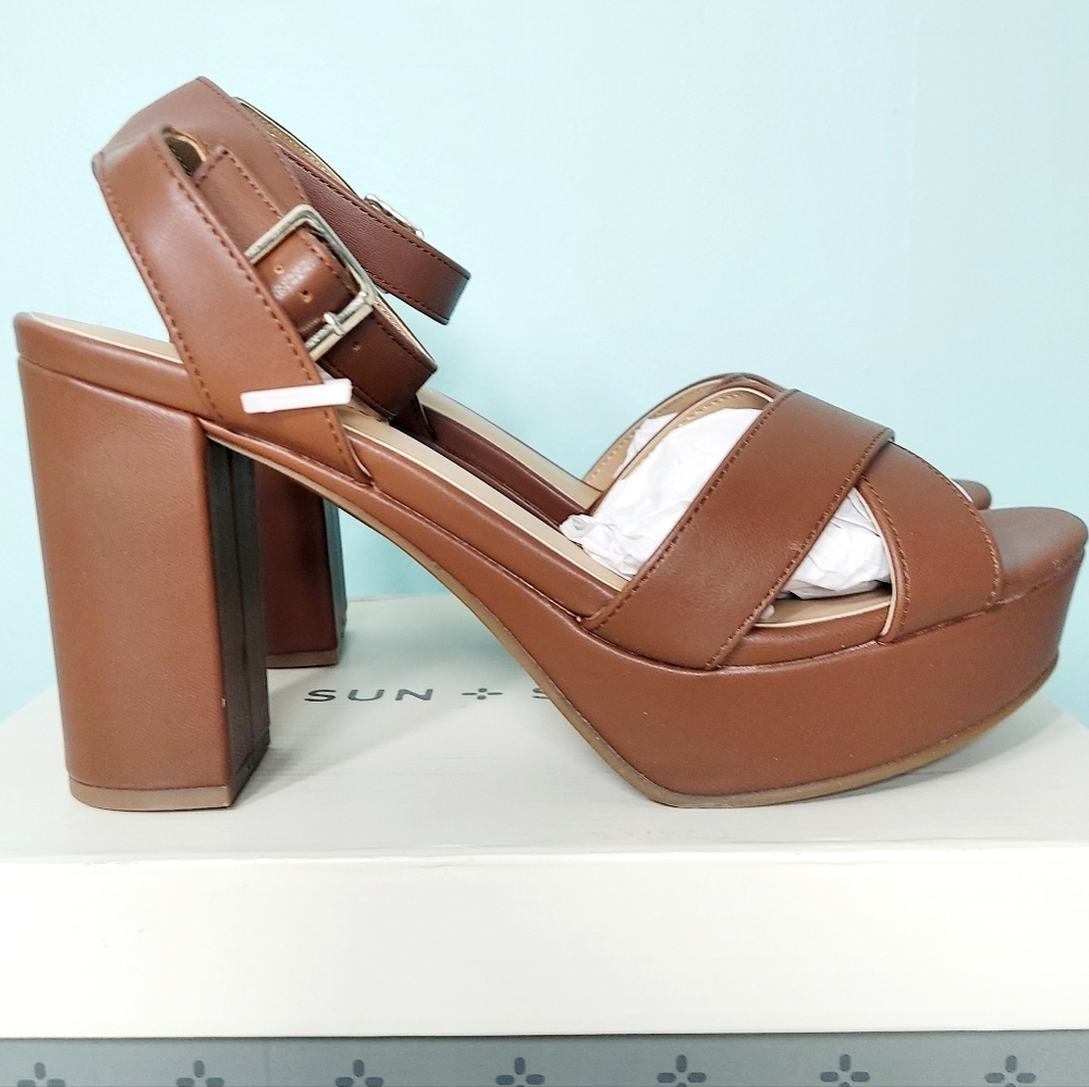 Sun + Stone Tan Brown Leather Platform Heel Sandals - Picture 12 of 13